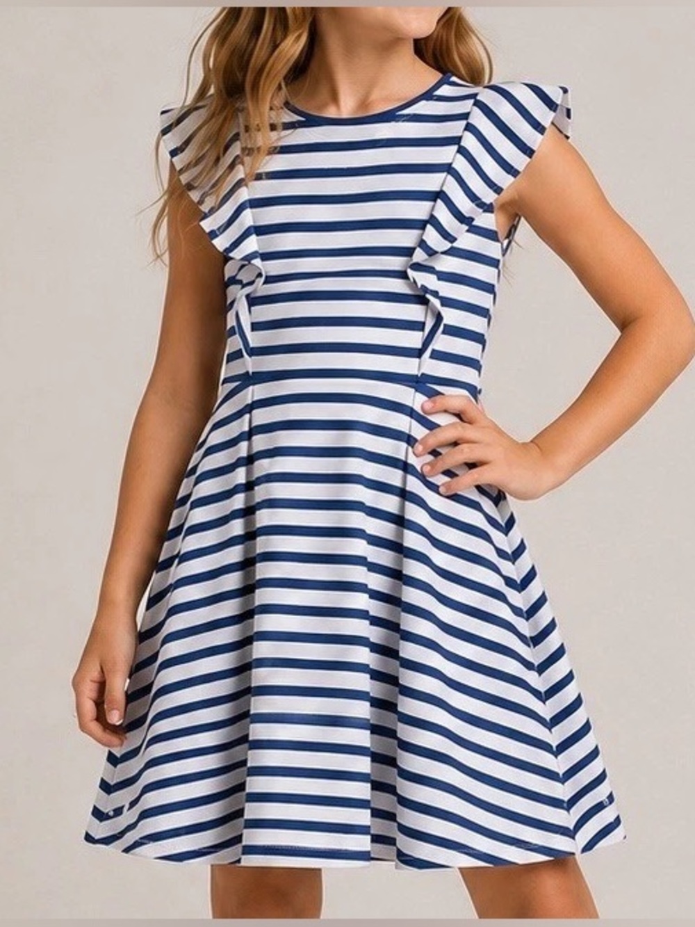 Polo Ralph Lauren Girls L 12-14 Royal Blue White Nautical Striped Ruffle Dress